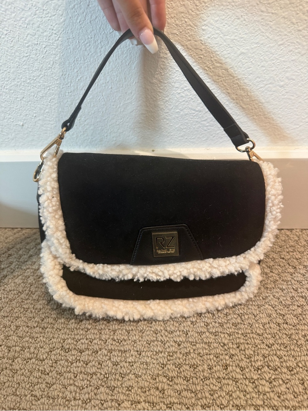 Rachel Zoe Black Shoulder Bag with Cream Shearling Trim